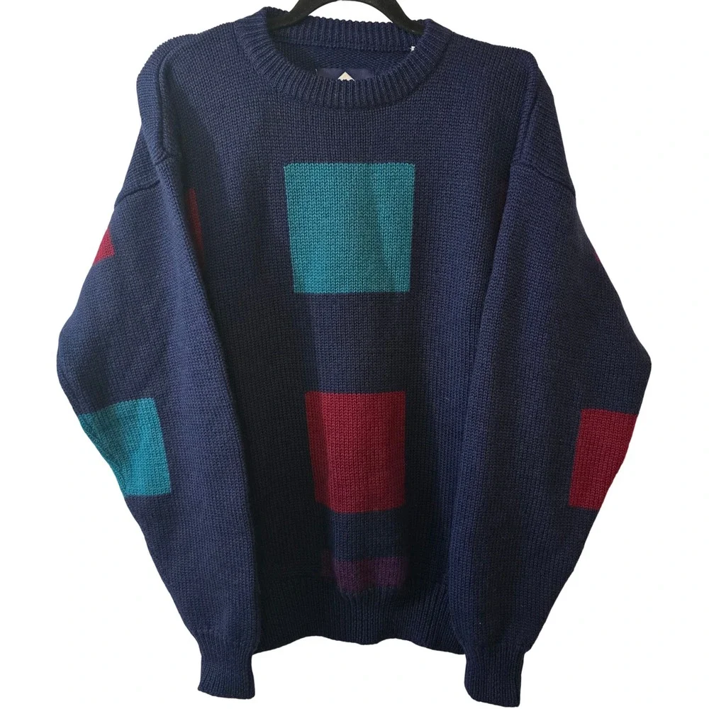 London Fog Vintage 90s Wool Sweater Large Navy Colorblock Geometric Chunky Knit‎
